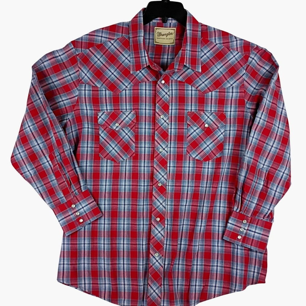 Wrangler Vintage Western Plaid Snap Shirt Mens 3XL Red Blue Cowboy Rockabilly